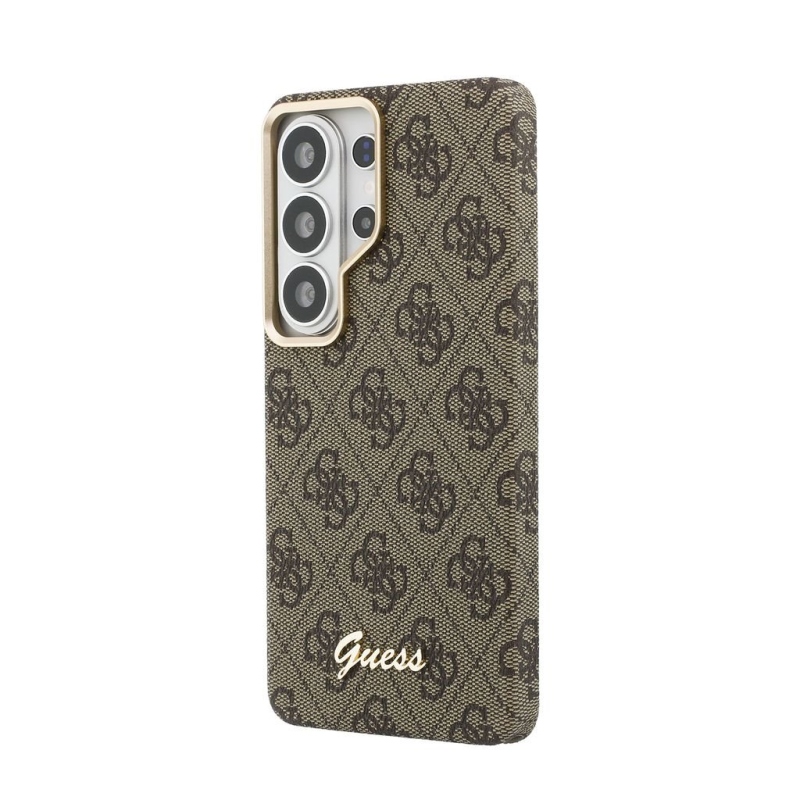 Guess PU 4G Script Metal Logo Magnetický zadný kryt pre Samsung Galaxy S26 Ultra Brown