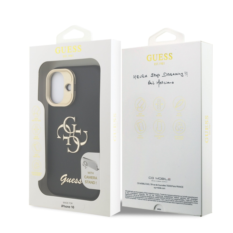 Guess PU Grained 4G Logo Stand Camera Frame Zadný Kryt pre iPhone 16 Black
