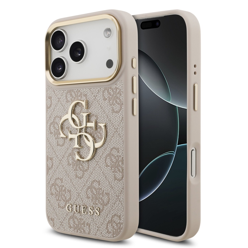 Guess PU koža 4G s kovovým logom a zlatým rámom – zadný kryt pre iPhone 18 Pro, ružový