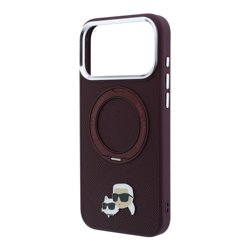 Karl Lagerfeld PU Grained K&CH Heads Ring Stand Magsafe zadný kryt pre iPhone 18 Pro Max, farba Burgundy
