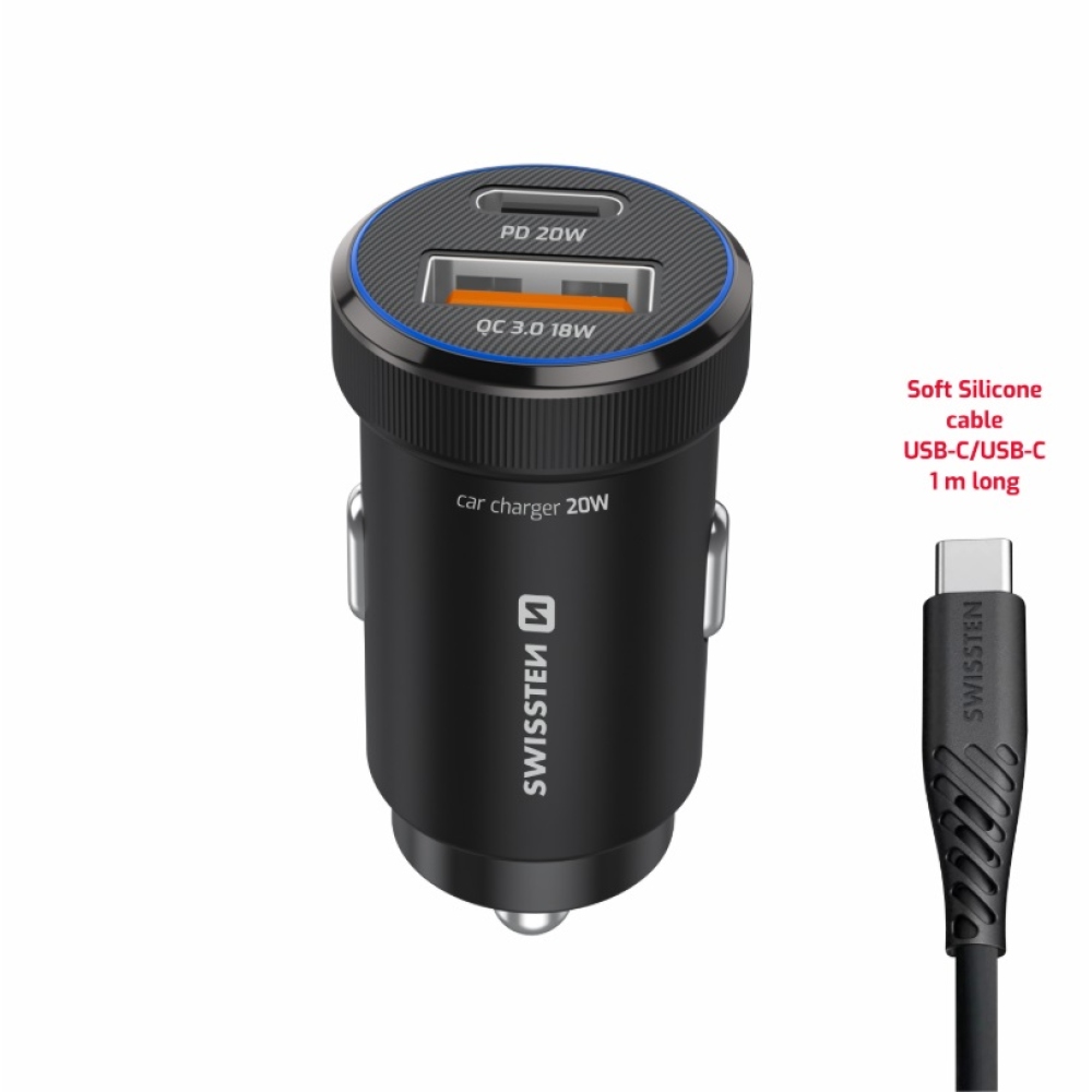 Swissten CL adaptér USB-C PD + USB-A, 20W - čierny + kábel USB-C / USB-C, 1m