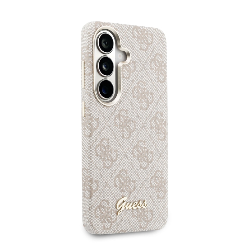 Guess PU 4G Script Metal Logo Magnetický zadný kryt pre Samsung Galaxy S26 ružový