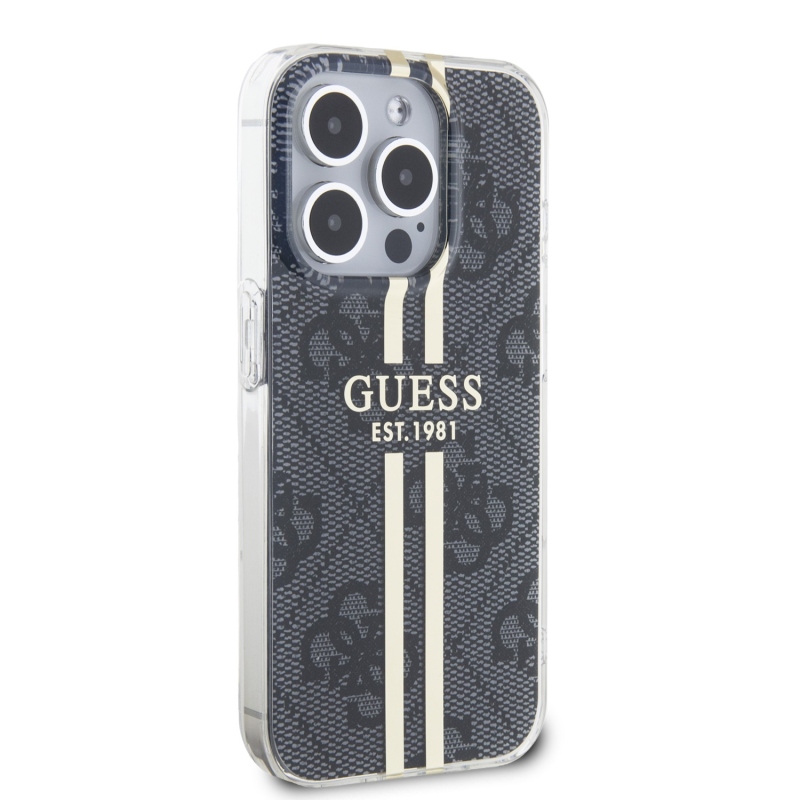 Guess IML 4G Gold Stripe Zadný Kryt pre iPhone 15 Pro Black