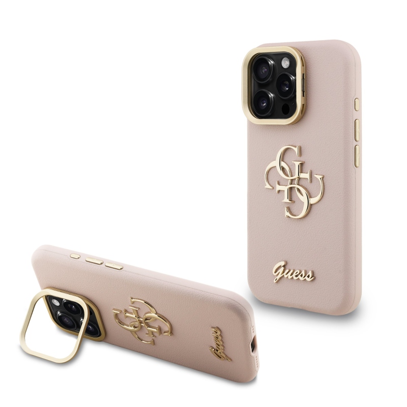 Guess PU Grained 4G Logo Stand Camera Frame Zadný Kryt pre iPhone 15 Pro Pink