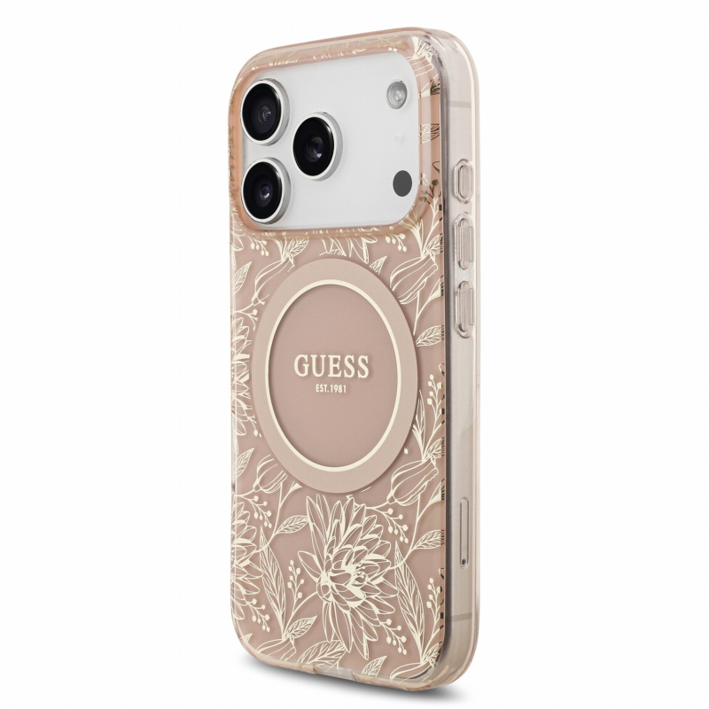 Guess IML Flowers Allover Strap MagSafe zadný kryt pre iPhone 18 Pro, ružový