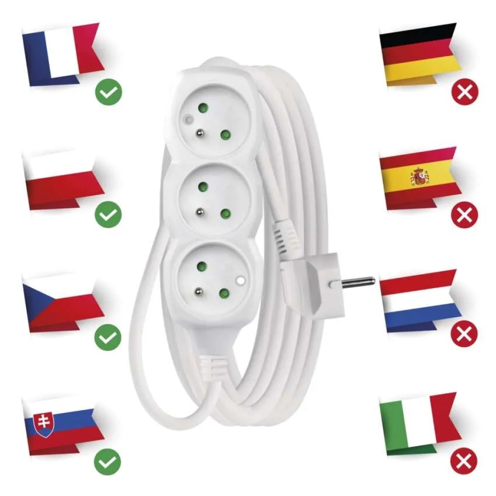 Predlžovací kábel 5 m / 3 zásuvky / biely / PVC / 1 mm2