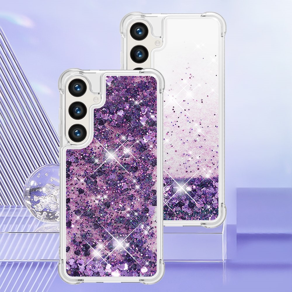 Glitter presýpací gélový obal na Samsung Galaxy S24 - tmavofialový/srdiečka