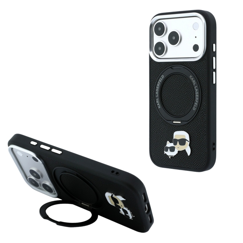 Karl Lagerfeld PU Grained K&CH Heads Ring Stand Magsafe zadný kryt pre iPhone 18 Pro, čierny