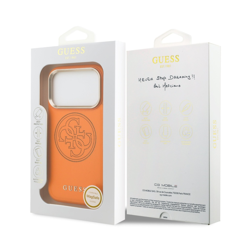 Guess PU perforovaný zadný kryt 4G pre iPhone 17 Pro Orange