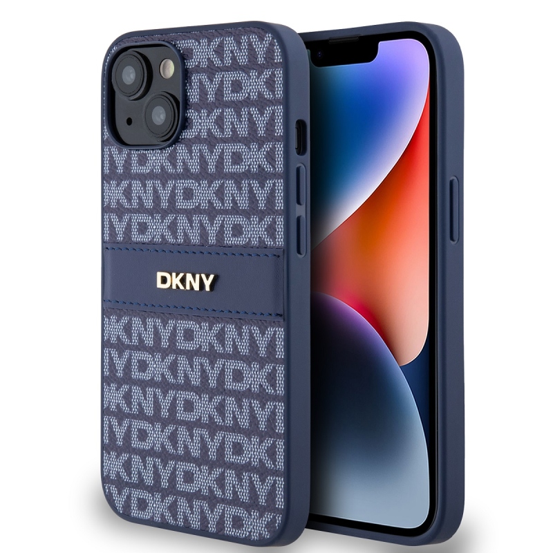 DKNY PU Leather Repeat Pattern Tonal Stripe Zadný Kryt pre iPhone 14 Blue