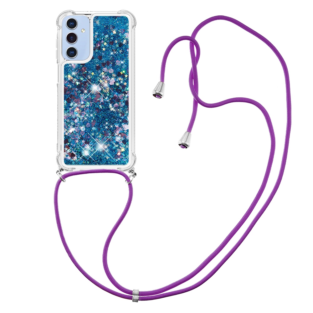 Glitters presýpacie gélový obal so šnúrkou na Samsung Galaxy A17 5G - modrý/srdiečka