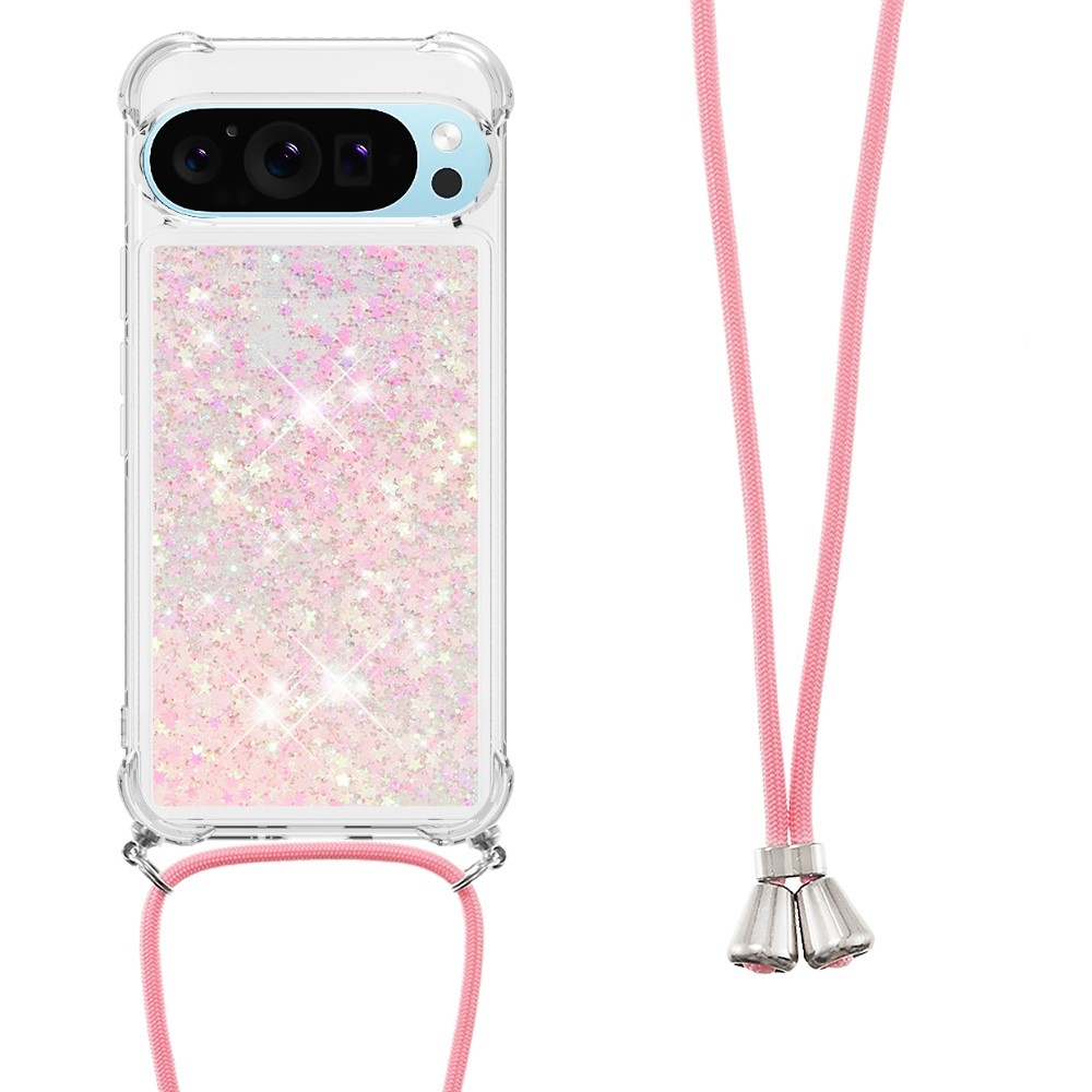Glitters presýpací gélový obal so šnúrkou na Google Pixel 10 Pro/Pixel 10 - ružový/hviezdičky