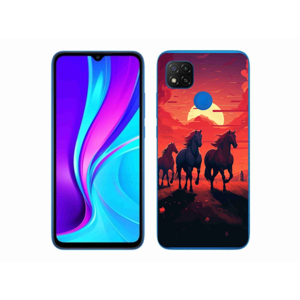 Gelový kryt mmCase na Xiaomi Redmi 9C - koně a západ slunce