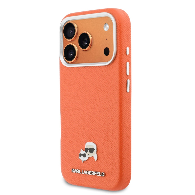 Karl Lagerfeld PU Karl and Choupette Heads Pins MagSafe zadný kryt pre iPhone 17 Pro Max Orange
