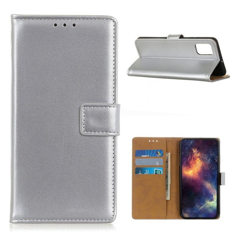 Wallet PU kožené peněženkové puzdro na mobil Samsung Galaxy A02s (164.2x75.9x9.1mm) - strieborné