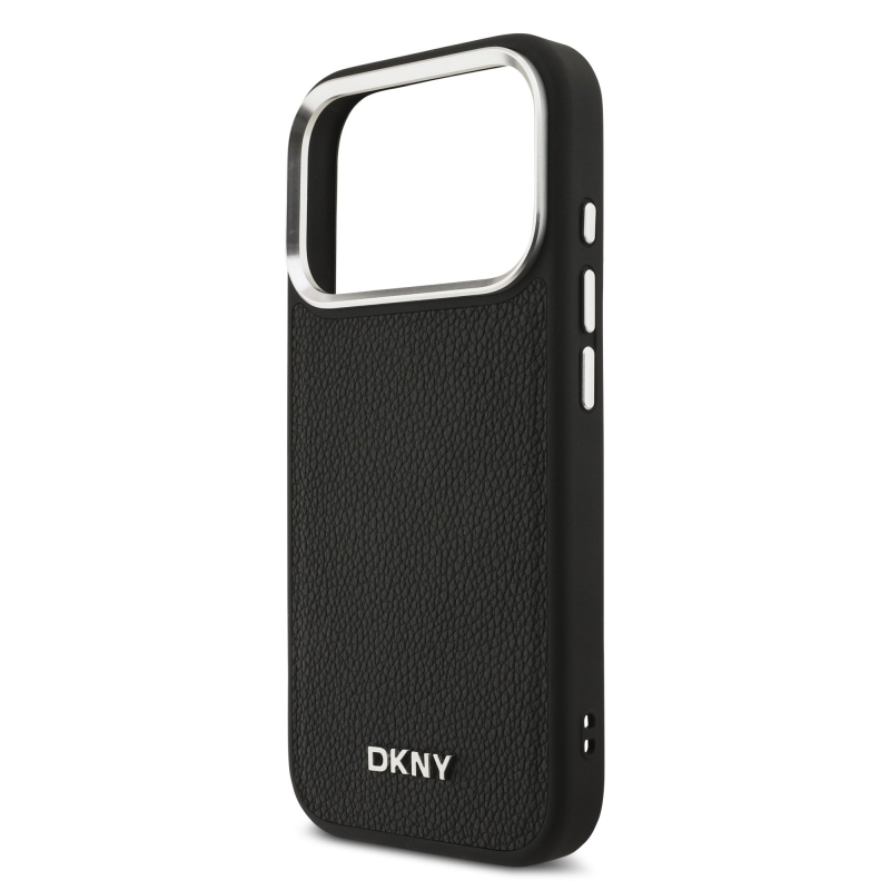 DKNY PU kožený kovový kryt s logom na zápästie MagSafe Back Cover pre iPhone 17 Pro Black