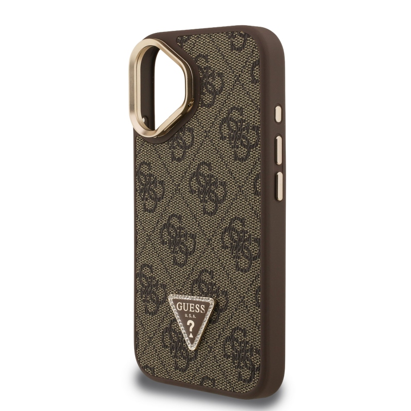 Guess PU 4G Strass Triangle Logo Stand Camera Frame MagSafe Zadný Kryt pre iPhone 16 Brown