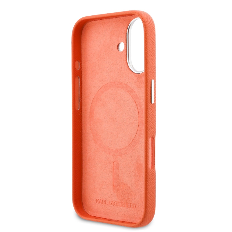 Karl Lagerfeld PU Karl and Choupette Heads Pins MagSafe Back Cover pre iPhone 17 Orange