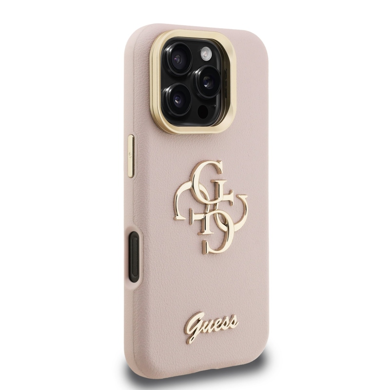 Guess PU Grained 4G Logo Stand Camera Frame Zadný Kryt pre iPhone 16 Pro Max Pink