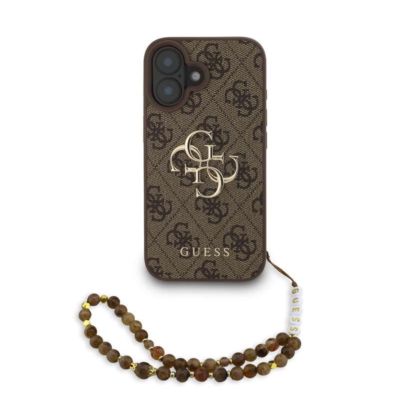Guess PU 4G Metal Logo Strap Zadný Kryt pre iPhone 16 Brown