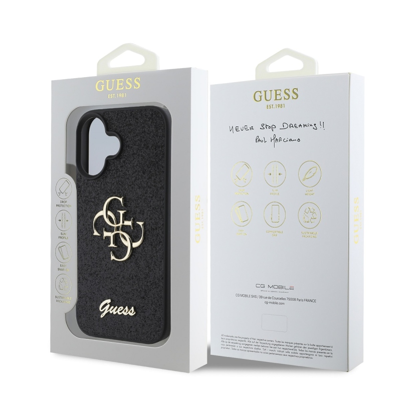 Guess PU Fixed Glitter 4G Metal Logo Zadný Kryt pre iPhone 16 Black