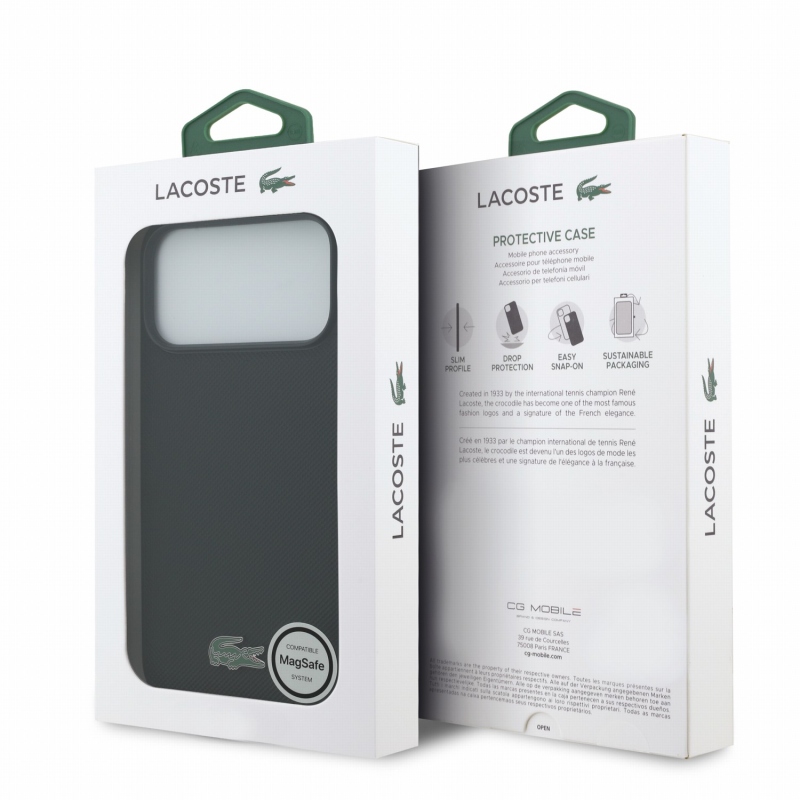 Lacoste PVC Iconic Petit Pique Metal Logo MagSafe zadný kryt pre iPhone 18 Pro Max, čierny
