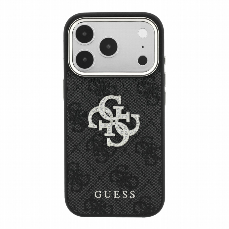 Guess PU 4G Strass Metal Logo zadný kryt pre iPhone 18 Pro, čierny