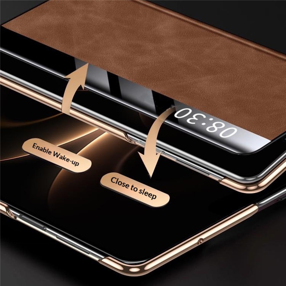 Window plastový kryt s okienkom as umelou kožou na Huawei Mate X7 - hnedý