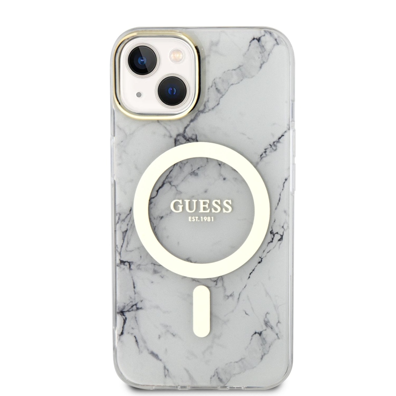 Guess IML Marble MagSafe Zadný Kryt pre iPhone 13 White