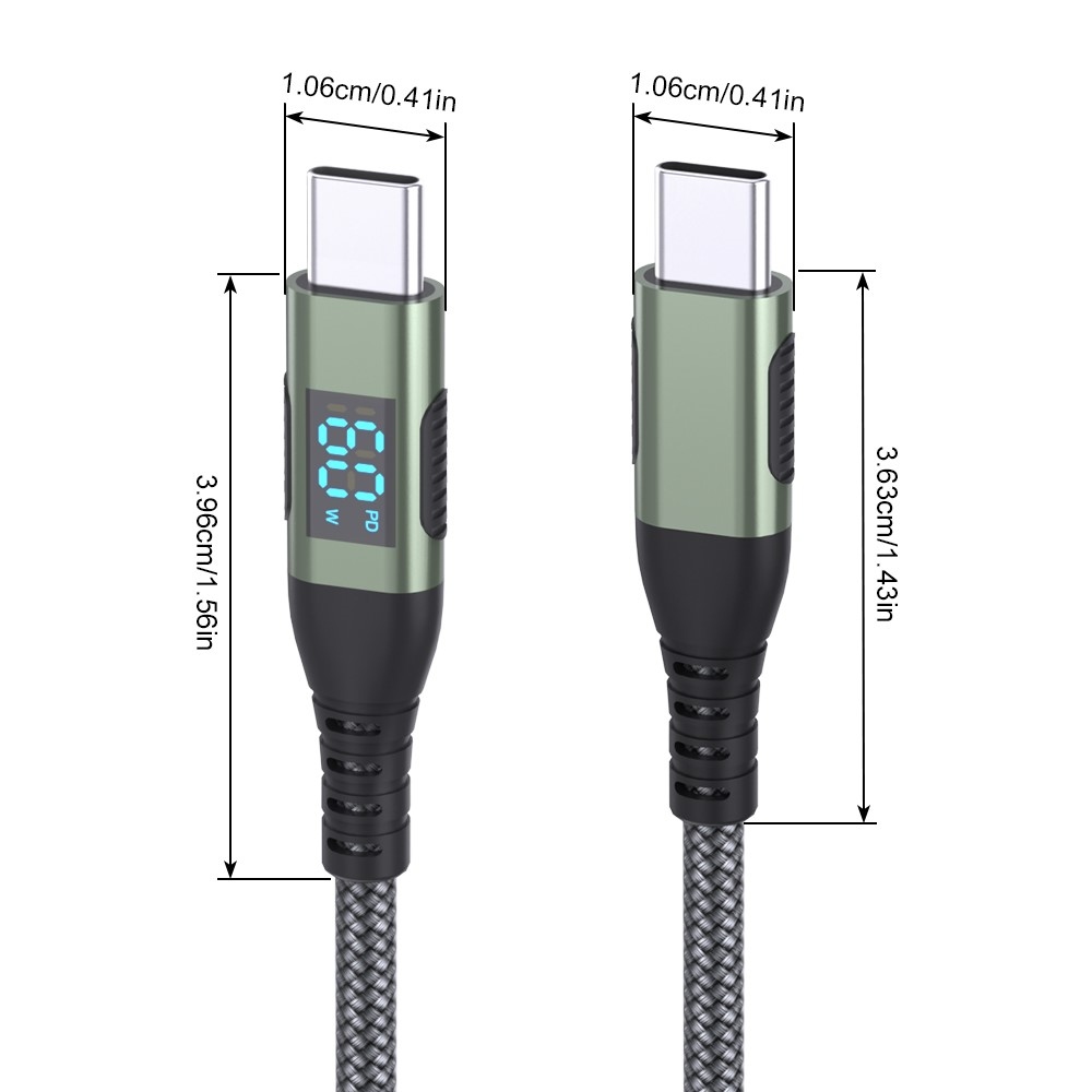 Nylonový kábel USB-C / USB-C s displejom 3m 60W - šedý