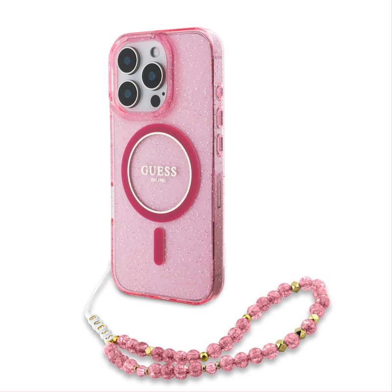 Guess IML Glitter Strap MagSafe Zadný Kryt pre iPhone 16 Pro Pink
