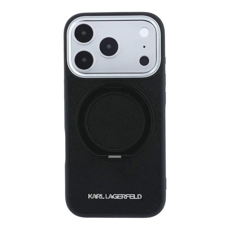 Karl Lagerfeld PU Saffiano Ring Stand MagSafe zadný kryt pre iPhone 18 Pro, čierny