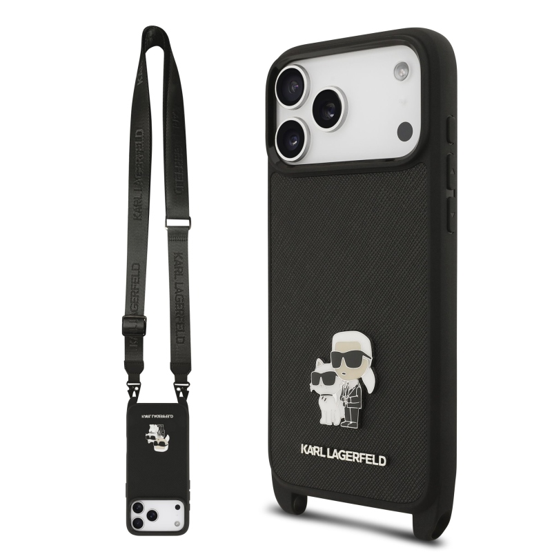 Karl Lagerfeld Saffiano Crossbody Strap Metal Karl and Choupette Zadný kryt pre iPhone 17 Pro Max Black