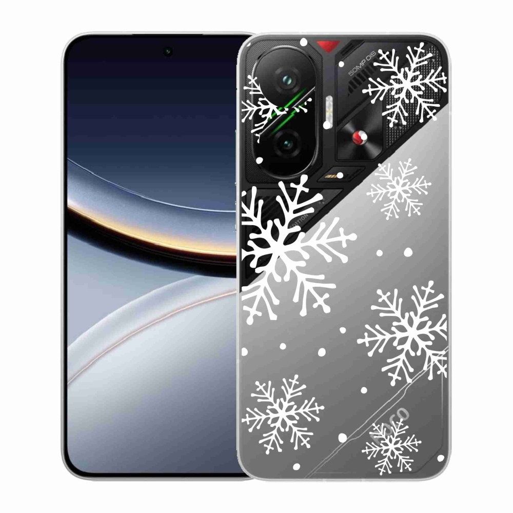 Gélový kryt mmCase na Xiaomi Poco F7 5G - biele vločky na priehľadnom pozadí