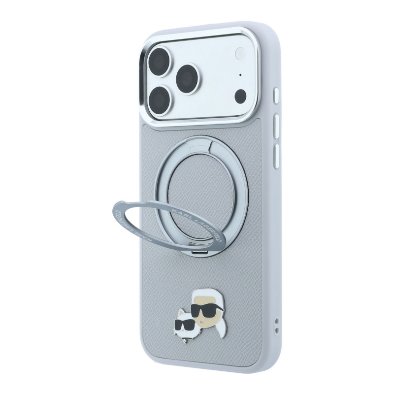 Karl Lagerfeld PU Grained K&CH Heads Ring Stand Magsafe zadný kryt pre iPhone 18 Pro Max, sivý