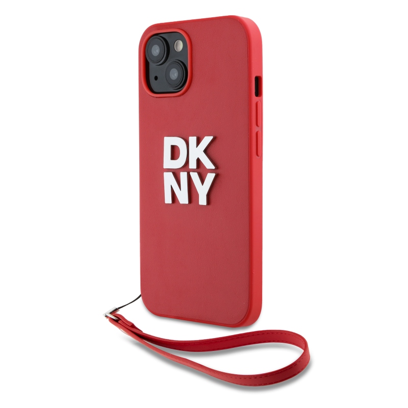 DKNY PU Leather Stack Logo Wrist Strap Zadný Kryt pre iPhone 14 Red