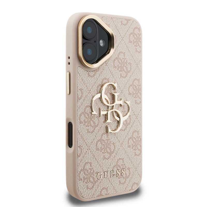 Guess PU 4G Metal Logo Stand Camera Frame Zadný Kryt pre iPhone 16 Pink