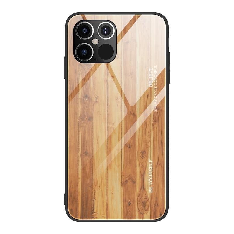 Wood gélový obal s pevnými chrbtom so vzorom dreva na mobil iPhone 12 Pro / 12 - hnedý