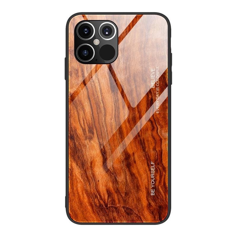 Wood gélový obal s pevnými chrbtom so vzorom dreva na mobil iPhone 12 Pro / 12 - oranžový