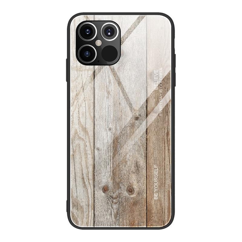 Wood gélový obal s pevnými chrbtom so vzorom dreva na mobil iPhone 12 Pro / 12 - šedý