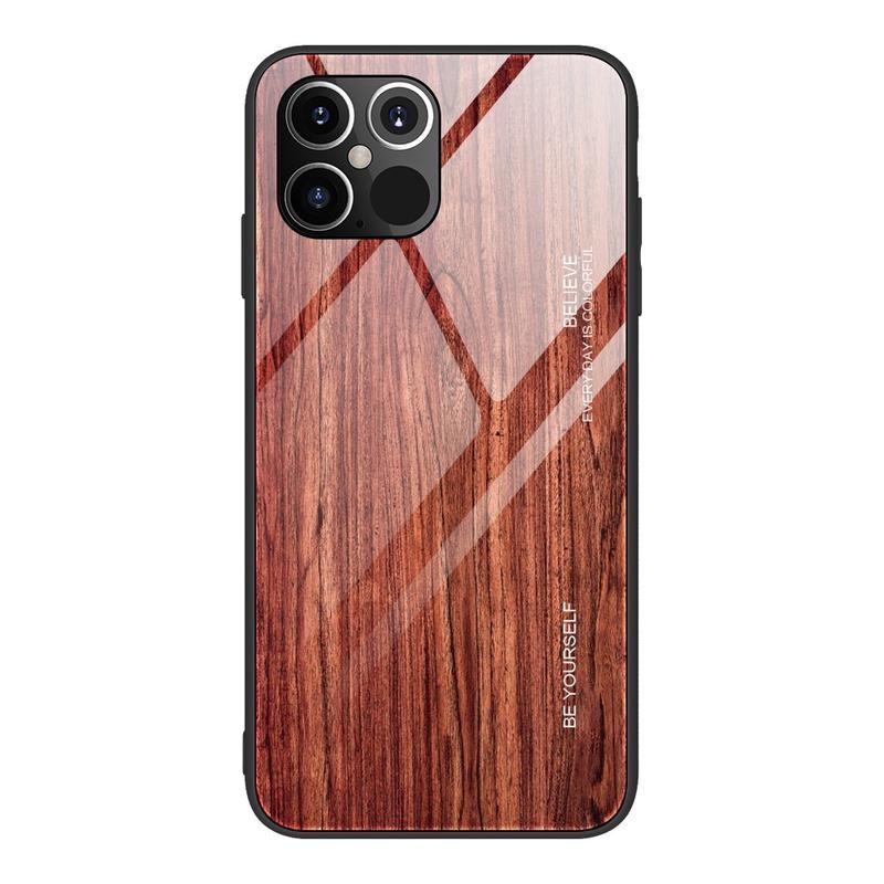 Wood gélový obal s pevnými chrbtom so vzorom dreva na mobil iPhone 12 Pro / 12 - vínový