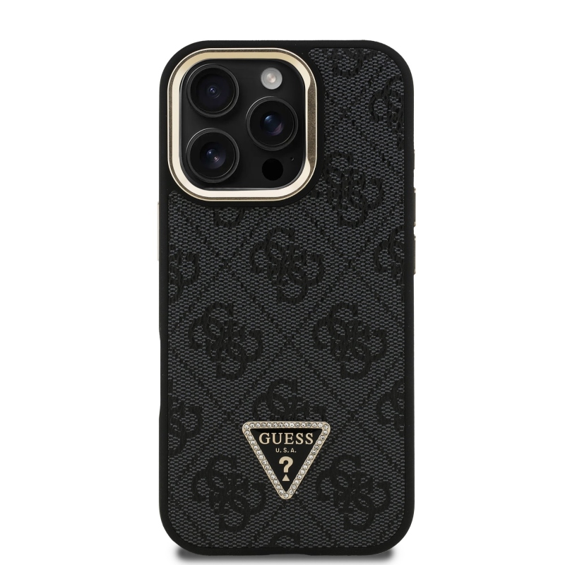 Guess PU 4G Strass Triangle Logo Stand Camera Frame MagSafe Zadný Kryt pre iPhone 16 Pro Black