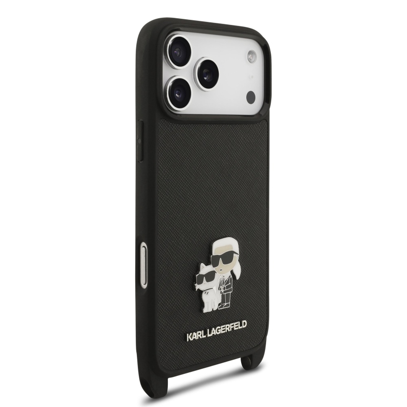 Karl Lagerfeld Saffiano Crossbody Strap Metal Karl and Choupette Zadný kryt pre iPhone 17 Pro Max Black