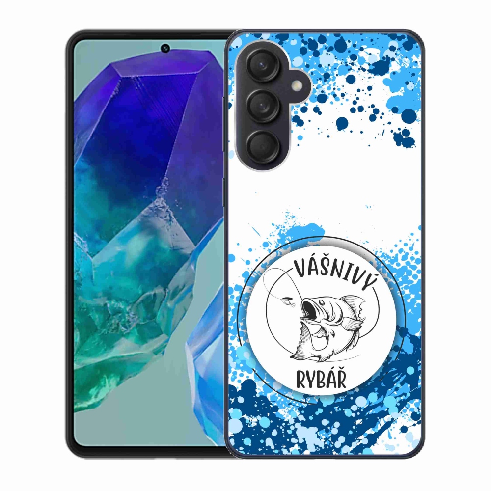 Gélový kryt mmCase na Samsung Galaxy M55 5G - vášnivý rybár biele pozadie