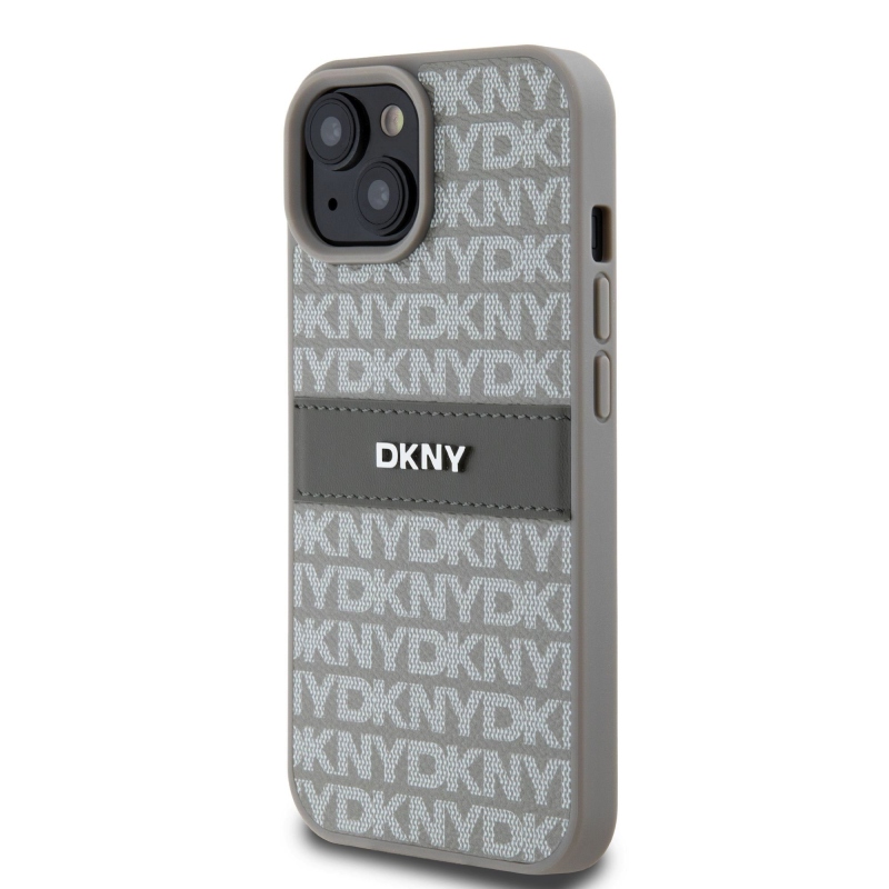 DKNY PU Leather Repeat Pattern Tonal Stripe Zadný Kryt pre iPhone 15 Beige