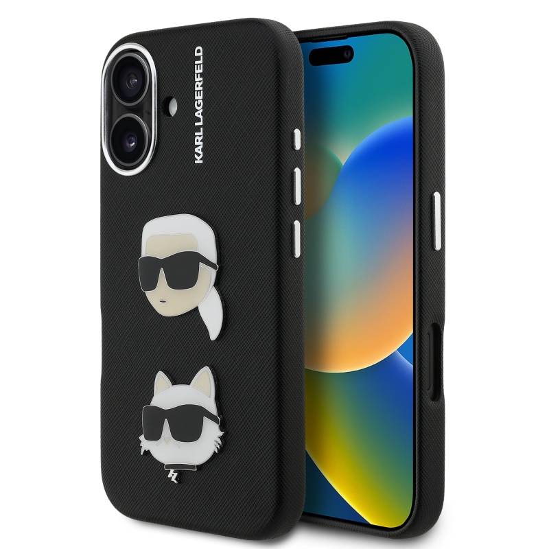 Karl Lagerfeld Grained PU K&CH Heads Zadný Kryt pre iPhone 16 Black