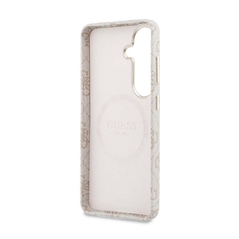 Guess PU 4G Script Metal Logo Magnetický zadný kryt pre Samsung Galaxy S26 ružový