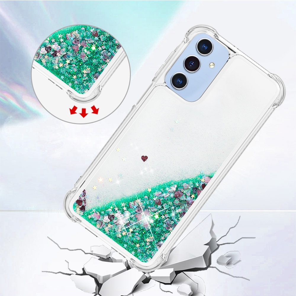 Glitter presýpacie gélový obal na Samsung Galaxy A17 5G - zelený/srdiečka