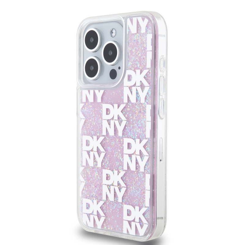 DKNY Liquid Glitter Checkered Pattern Zadný Kryt pre iPhone 15 Pro Pink