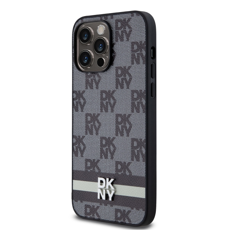 DKNY PU Leather Checkered Pattern and Stripe Zadný Kryt pre iPhone 15 Pro Max Black